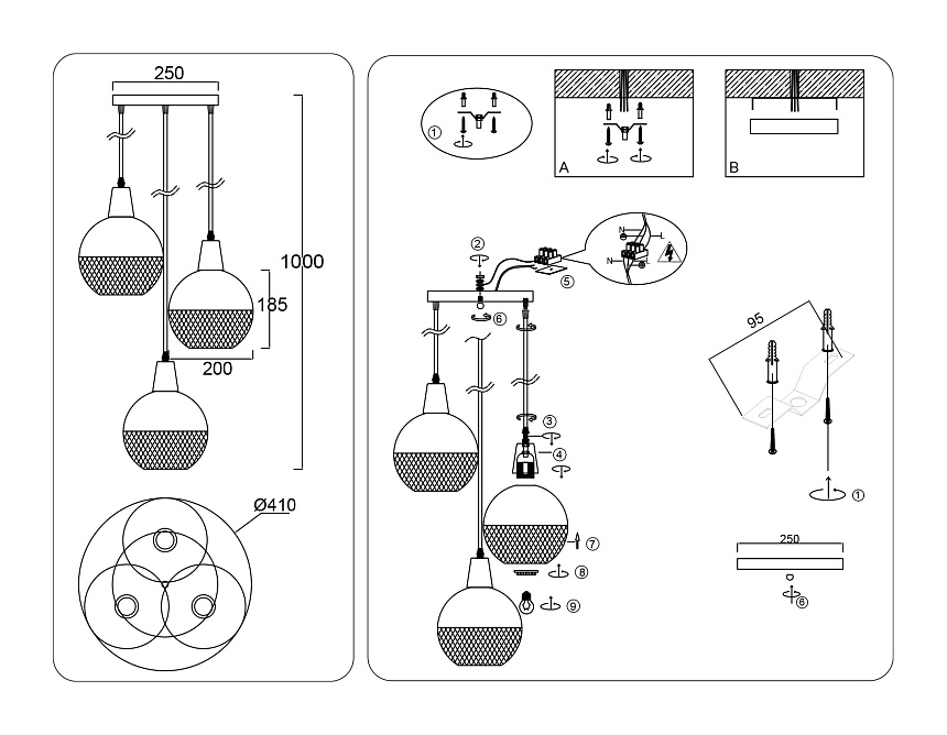 TR8505/3 BK/CP черный/медь E27/3 max 60W D410*1000
