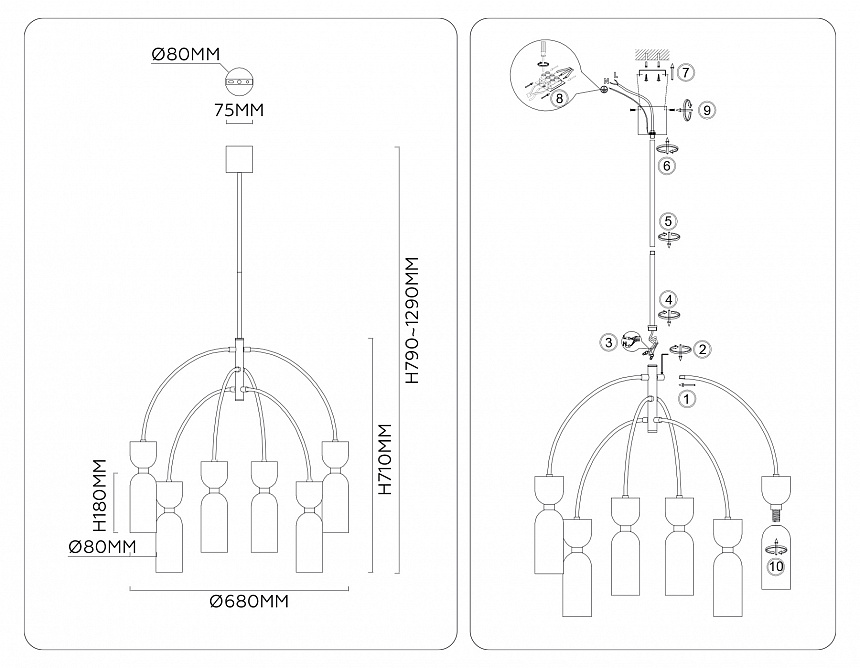 LH53333/6 GD/WH золото/белый G9*6 max 25W D680*1290