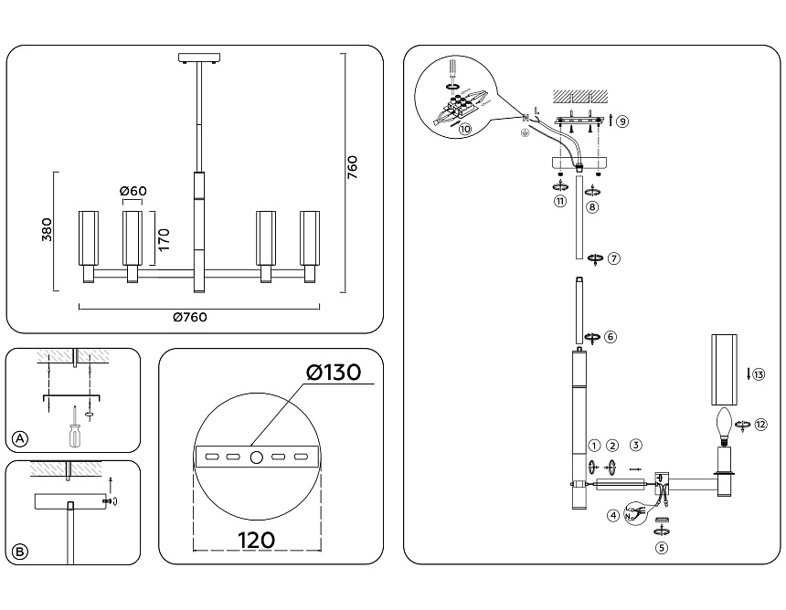 LH55513/9 BK/BS/CL черный/латунь/прозрачный E14*9 max 40W D760*760