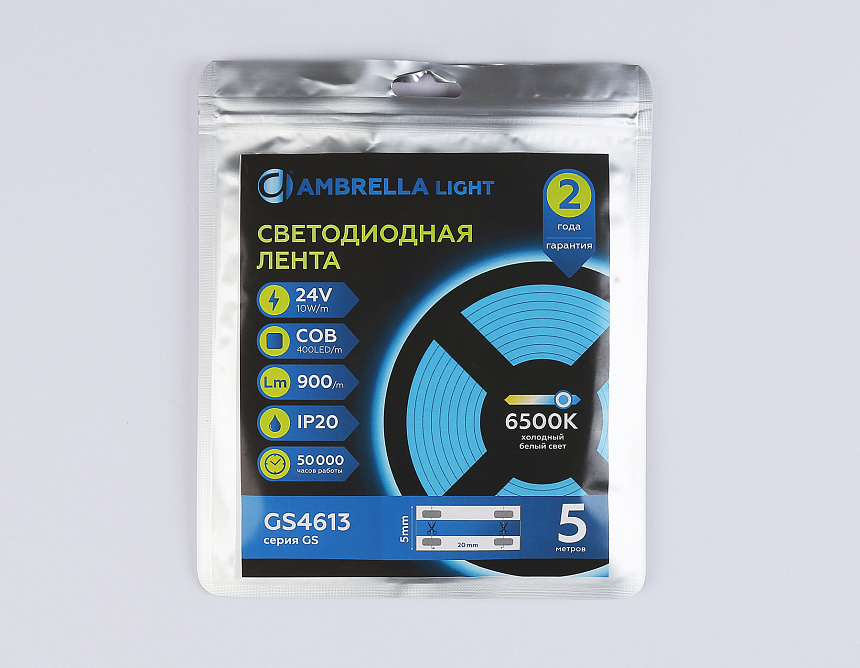 GS4613 COB 400Led/10W m/ 24V IP20 6500K/ 5m*5mm*2.1mm (2 конт.)