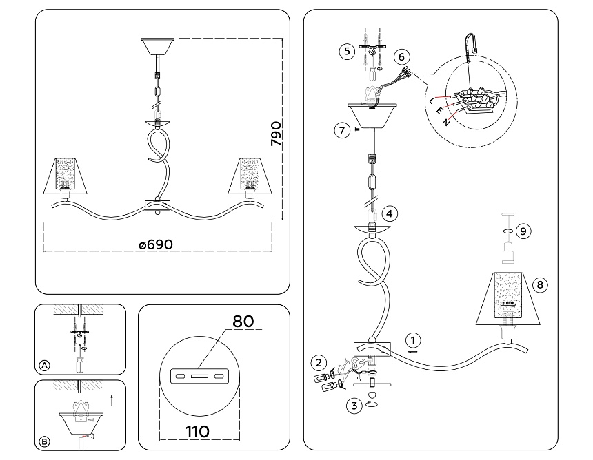 LH57081/5 SN/FR никель/белый матовый E14/5 max 40W D690*790
