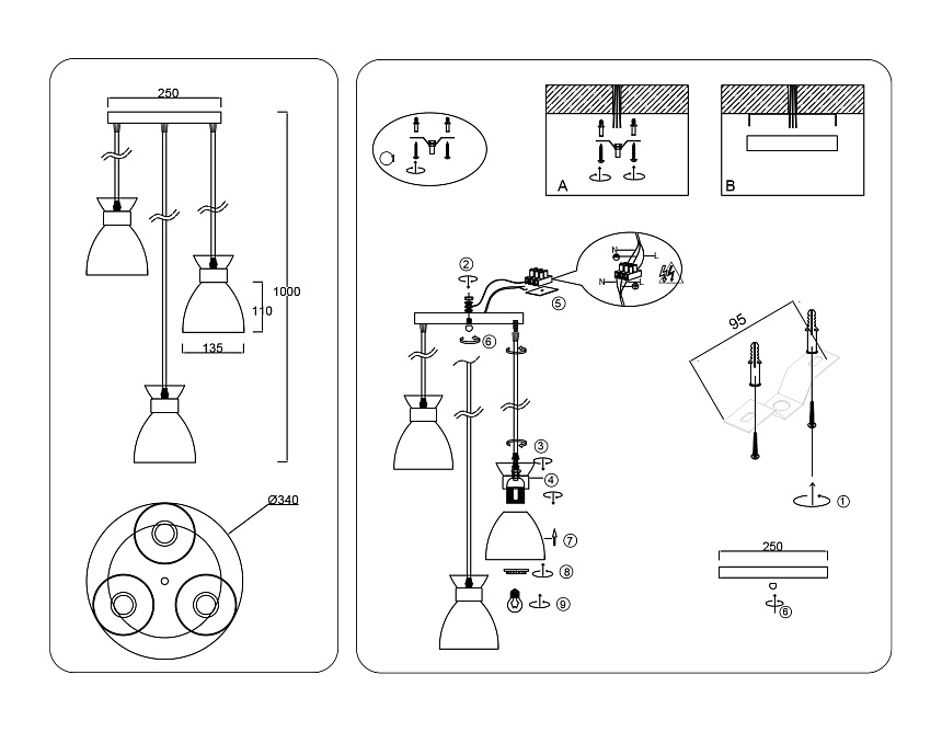 TR8467/3 WH/FGD белый/золото E27/3 max 60W D340*1000