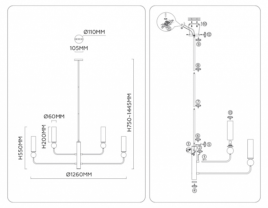 LH53264/8 BS/WH латунь/белый E14*8 max 40W D1260*1445