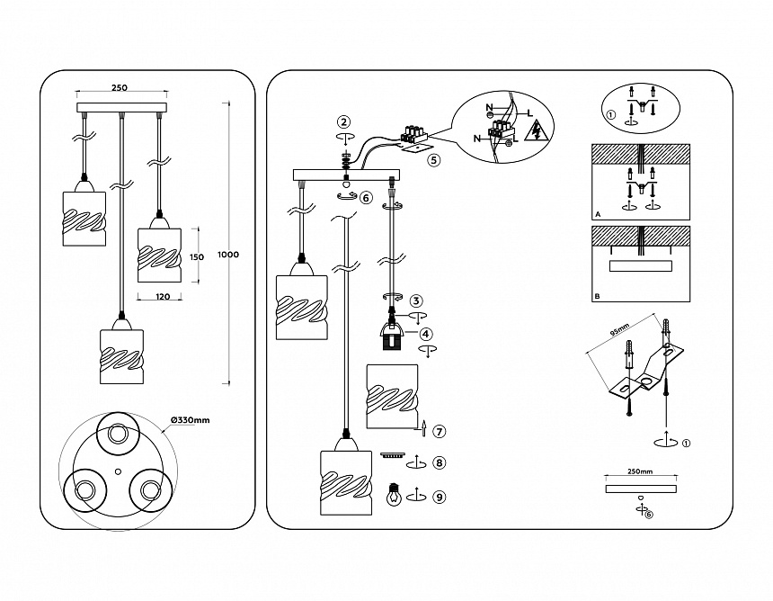 TR3410/3 BK черный E27/3 max 60W D330*1000