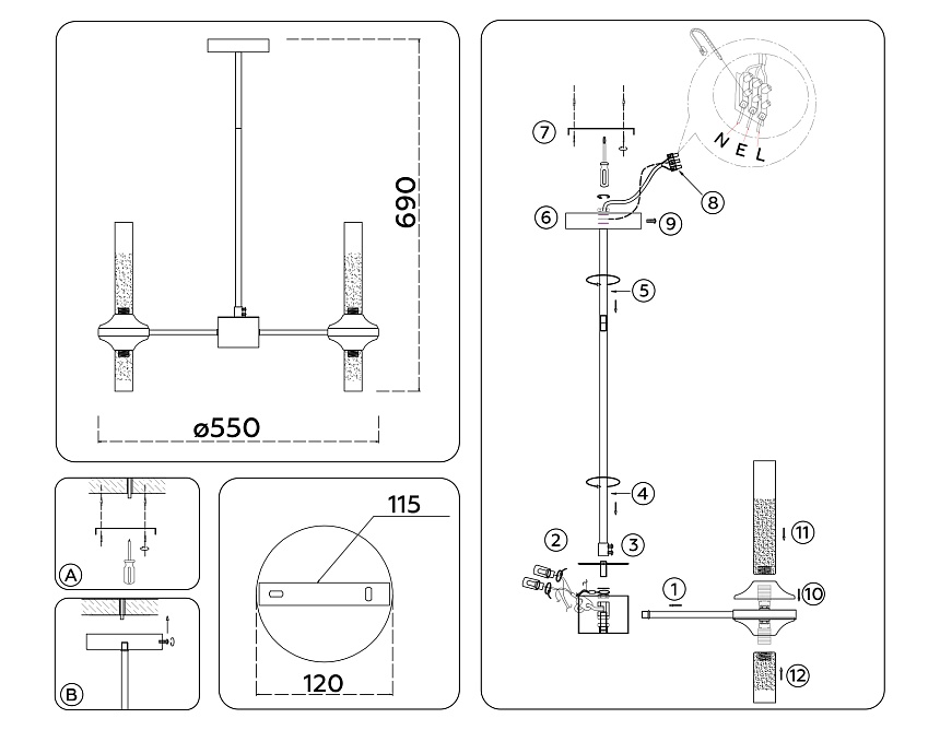 LH55351/10 BK/CGD/CL черный/золото/прозрачный G9/10 max 30W D550*690