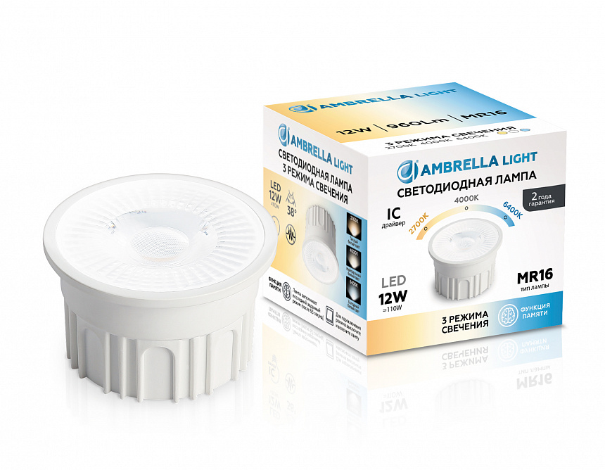 212602 Лампа LED MR16-PR 12W IC 220-240V 38° 6400K 4000K 2700K CCT Memory