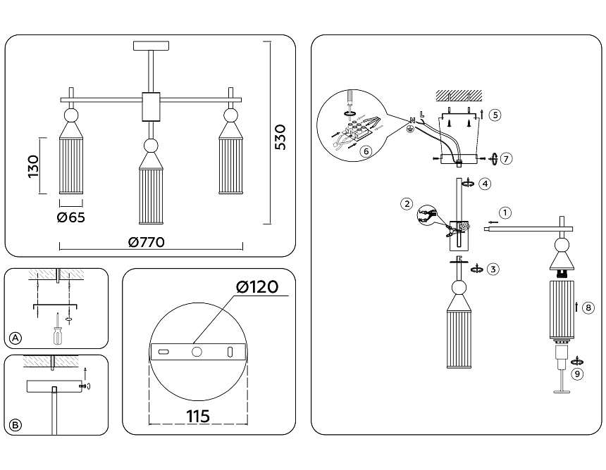 LH55258/9 BK/BS/CL черный/латунь/прозрачный E14*9 max 40W D770*530