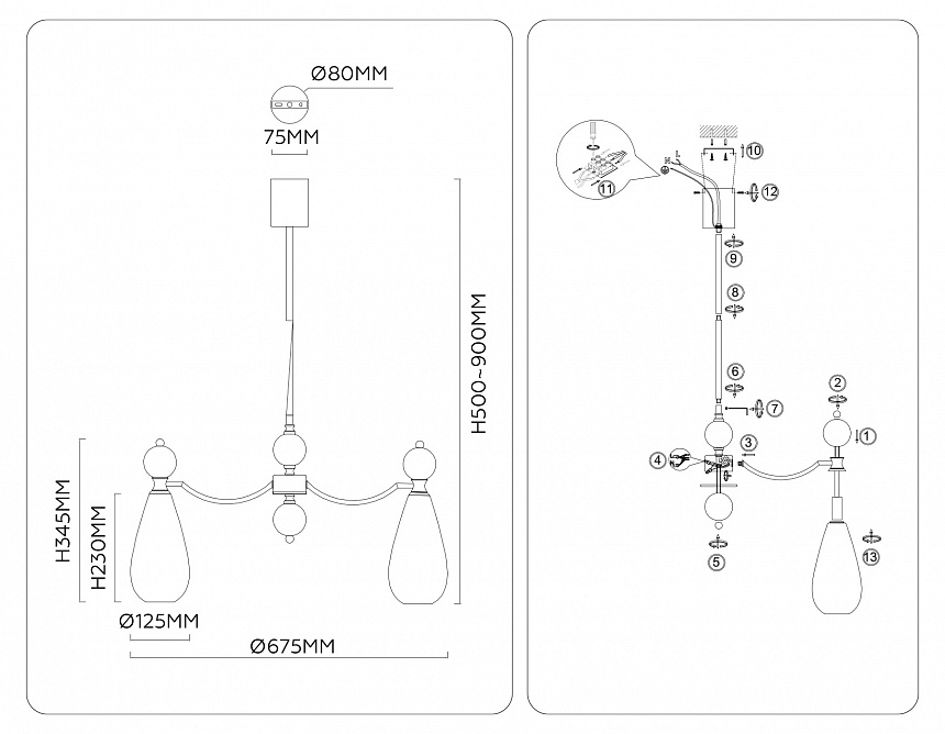 LH53292/5 BS/CL латунь/прозрачный E14*5 max 40W D675*900
