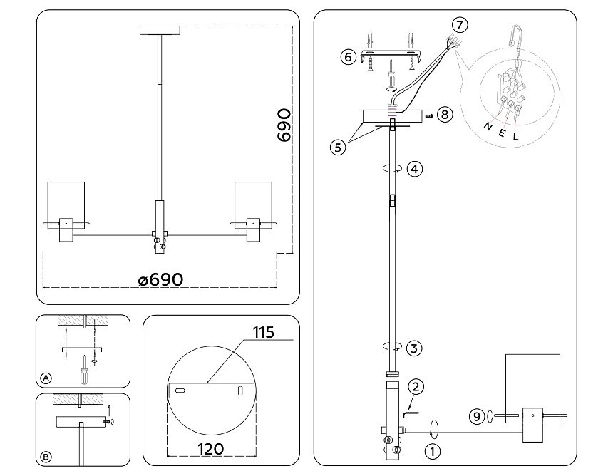 LH57041/6 BK/DBS/SM черный/темная латунь/дымчатый E14/6 max 40W D690*690