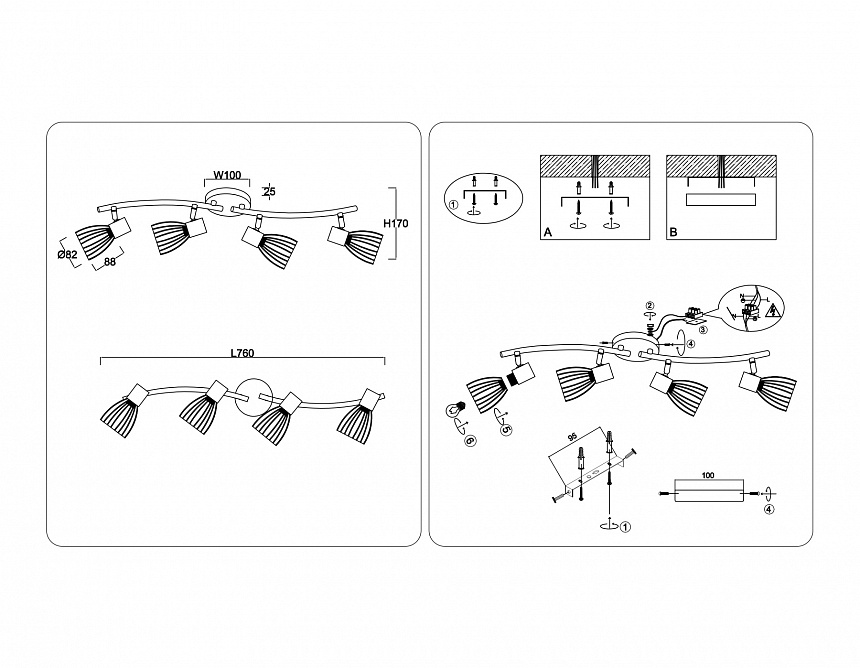 TR8662/4 BK/GD черный/золото E14/4 max 60W 760*100*170