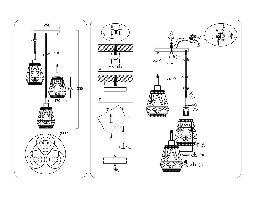 TR8522/3 BK/SB черный/бронза E27/3 max 60W D380*1000
