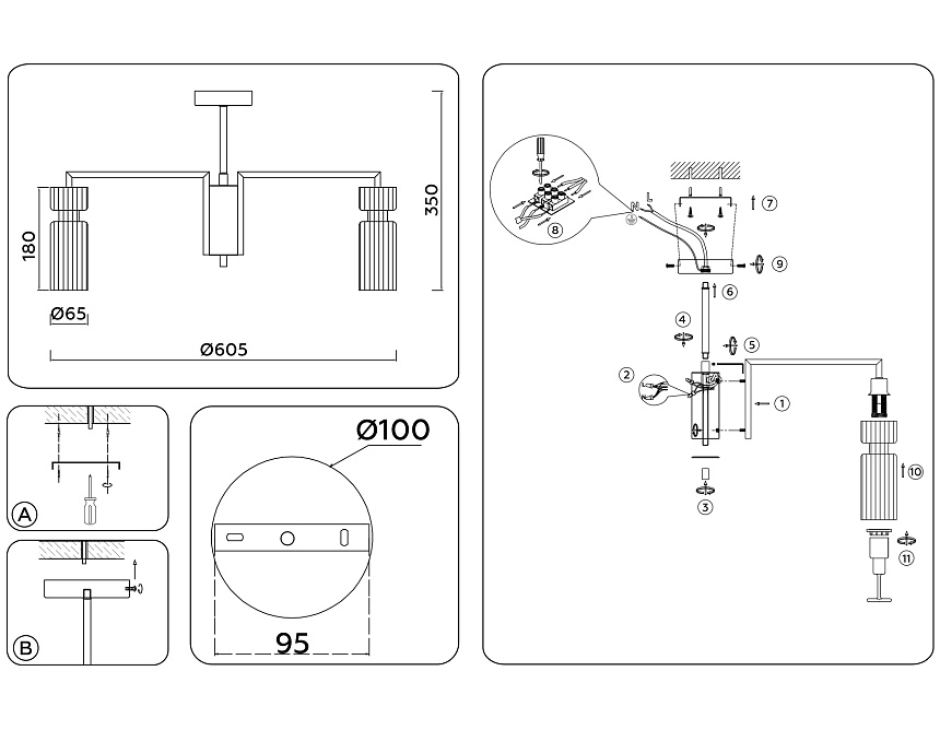 LH56113/5 BK/BS/CL черный/латунь/прозрачный E14*5 max 40W D605*350