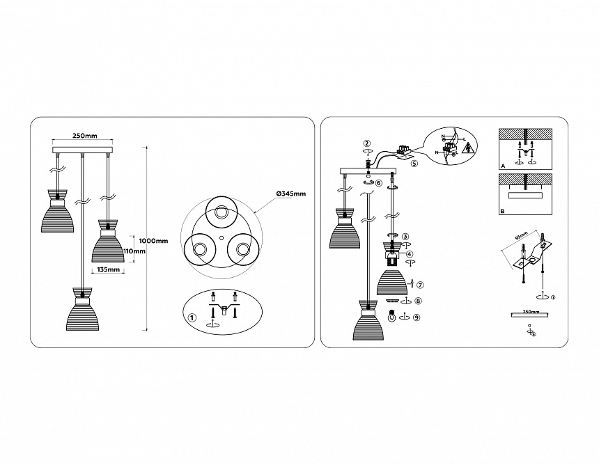 TR3408/3 BK/FGD/SM черный/золото/дымчатый E27/3 max 60W D345*1000