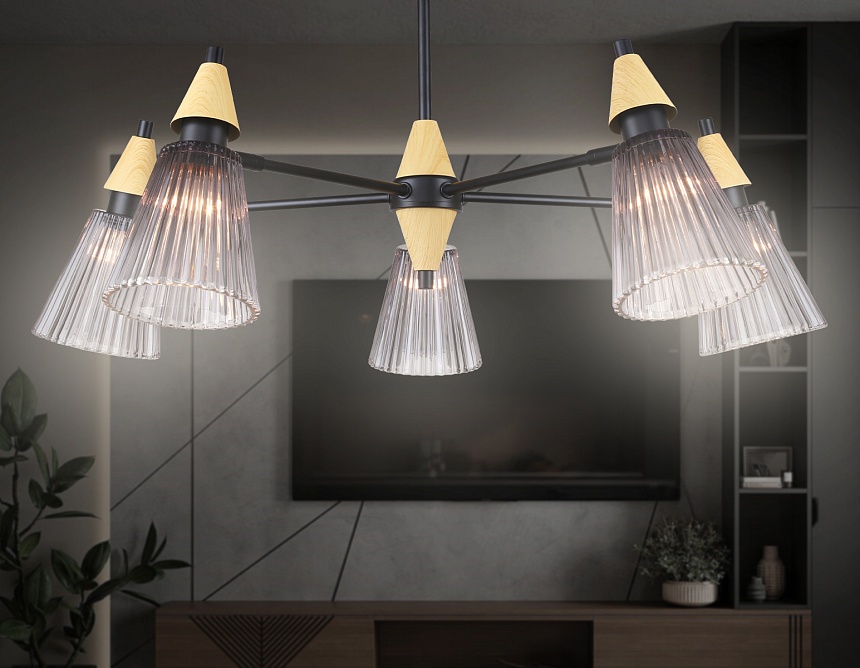 LH58114/5 BK/LW/SM черный/светлое дерево/дымчатый E14*5 max 40W D660*390