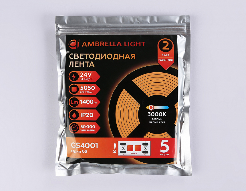 GS4001 5050 60Led/ 14.4W m/ 24V IP20 3000K/ 5000*10*1.87mm (2 конт.)